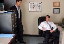 Ari Sylvio and Mike Martinez:Boss, Co-worker, Employee, Chair, Desk, Office, Ball licking, Big dick, Bubble butt, Cum on stomach, Deep-throating, Dirty talk, Hairy chest, Kissing, Latino, Lean, Rimming, Short hair, Suit / Shirt and tie, Tattoos, Uncut