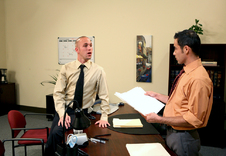 Emilio Sands and Rex Roddick:Co-worker, Chair, Desk, Office, Big load, Dirty talk, Latino, Lean, Short hair, Smooth, Suit / Shirt and tie, Tattoos, Tight ass